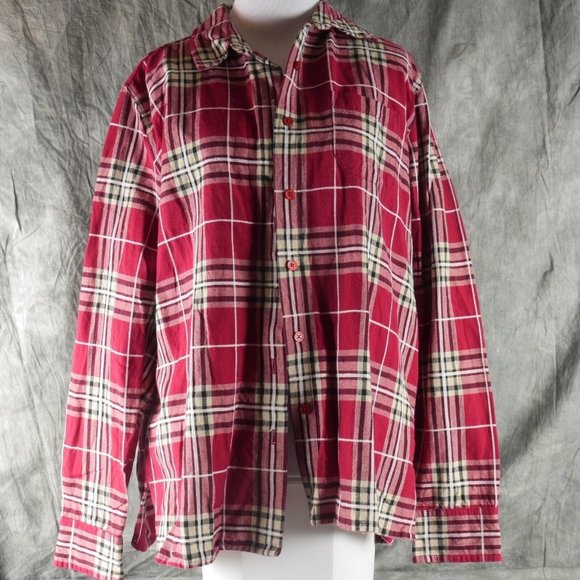 EUC MS LEE Long Sleeve Red Plaid Cotton Flannel Shirt BLOUSE wom Size LARGE anb - Picture 1 of 4